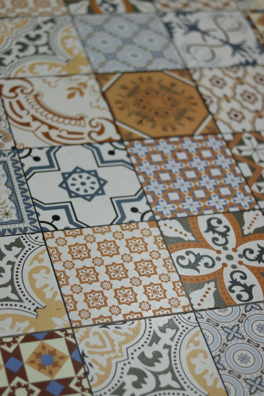 Ceramic tile sample board with multiple parabet finishes arranged for photography